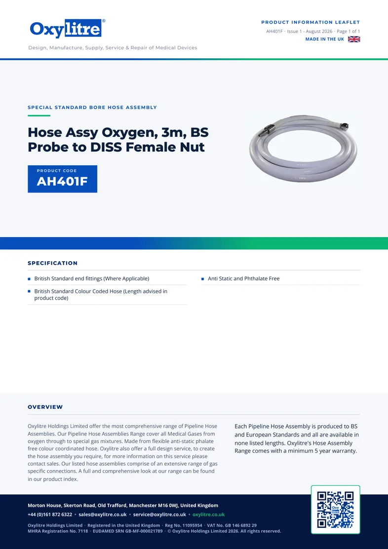 Front page of the Oxylitre AH401F product information leaflet