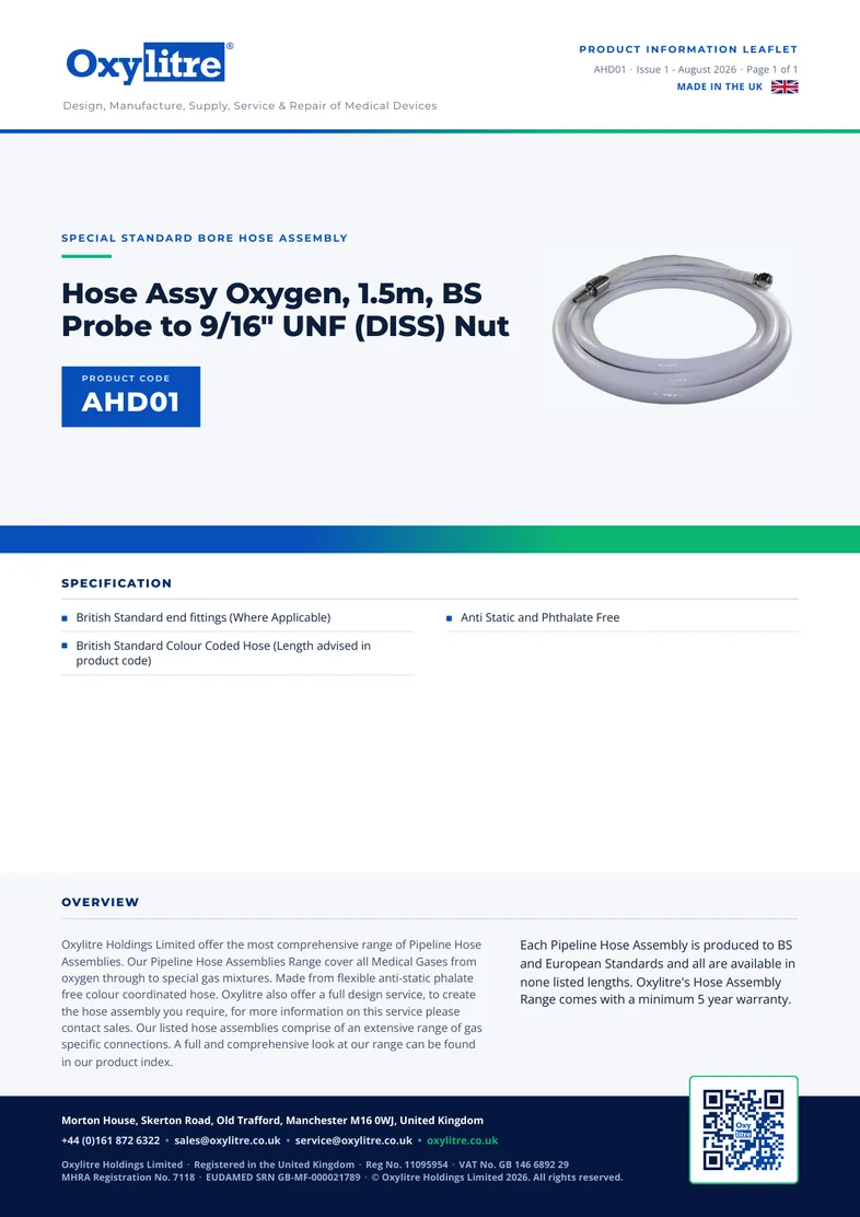 Front page of the Oxylitre AHD01 product information leaflet