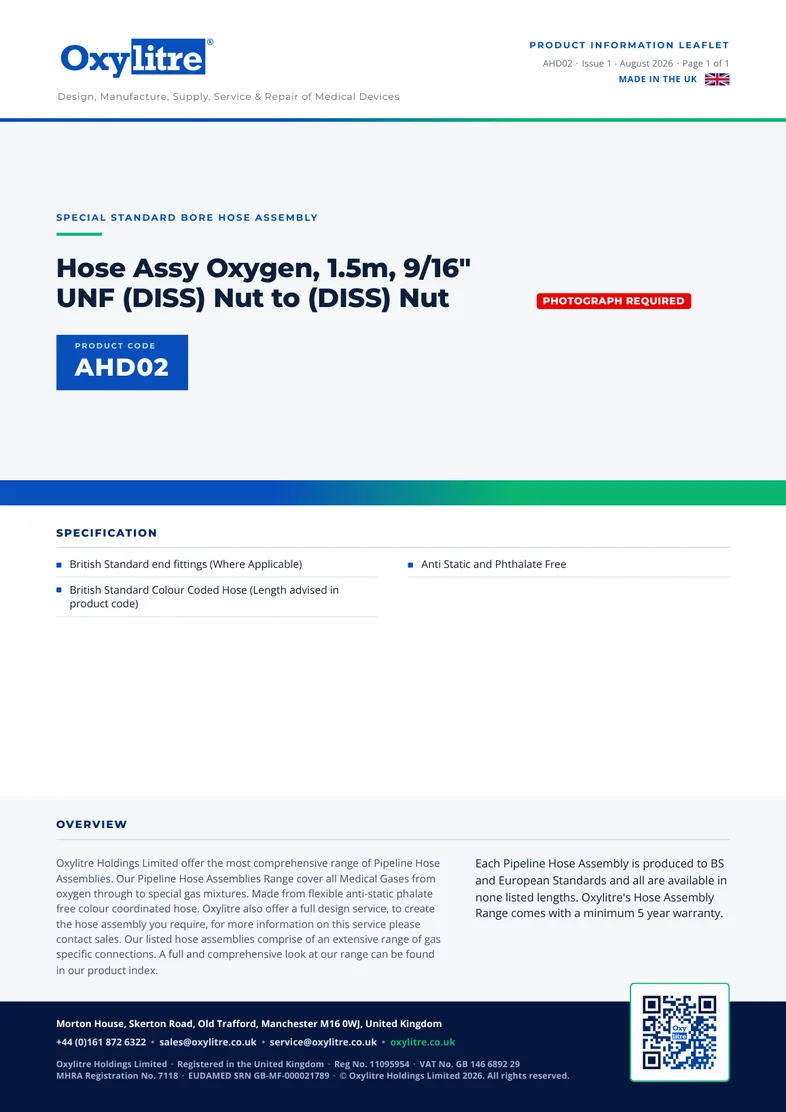 Front page of the Oxylitre AHD02 product information leaflet