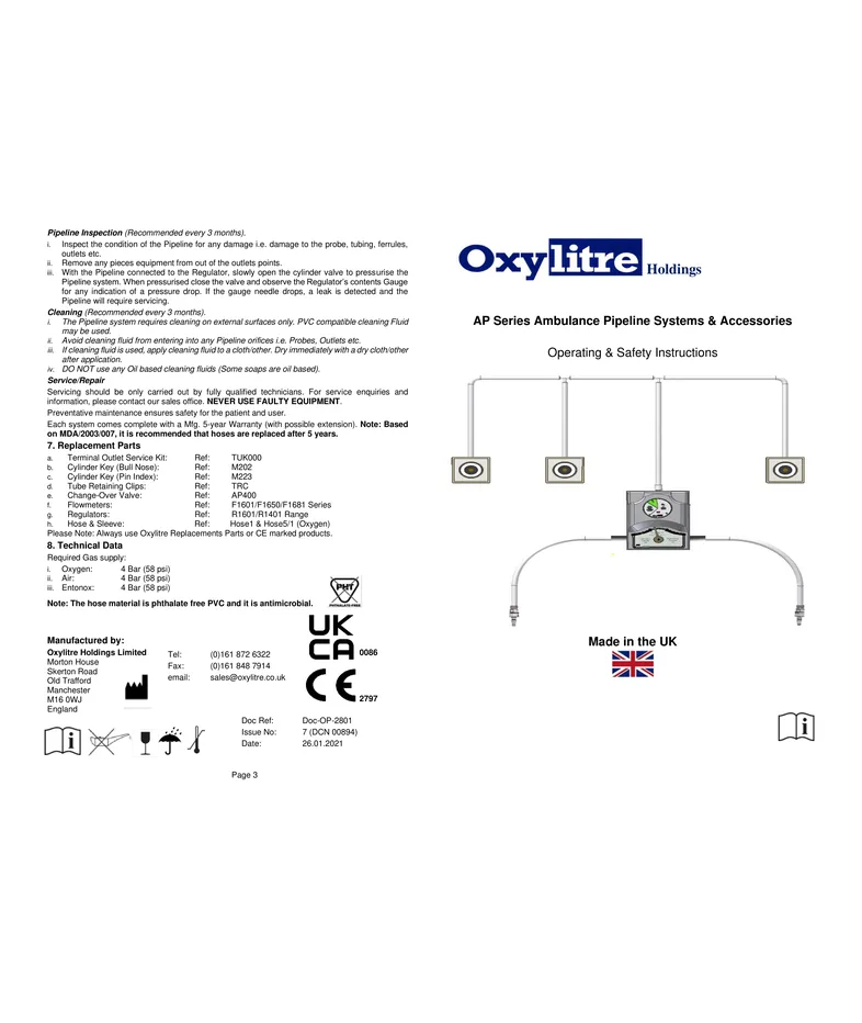 Front page of the Oxylitre AP Series ambulance pipeline system instructions for use