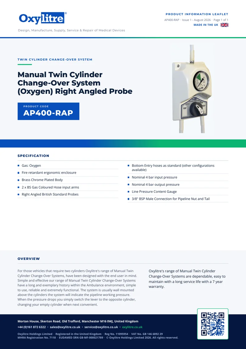Front page of the Oxylitre AP400-RAP product information leaflet