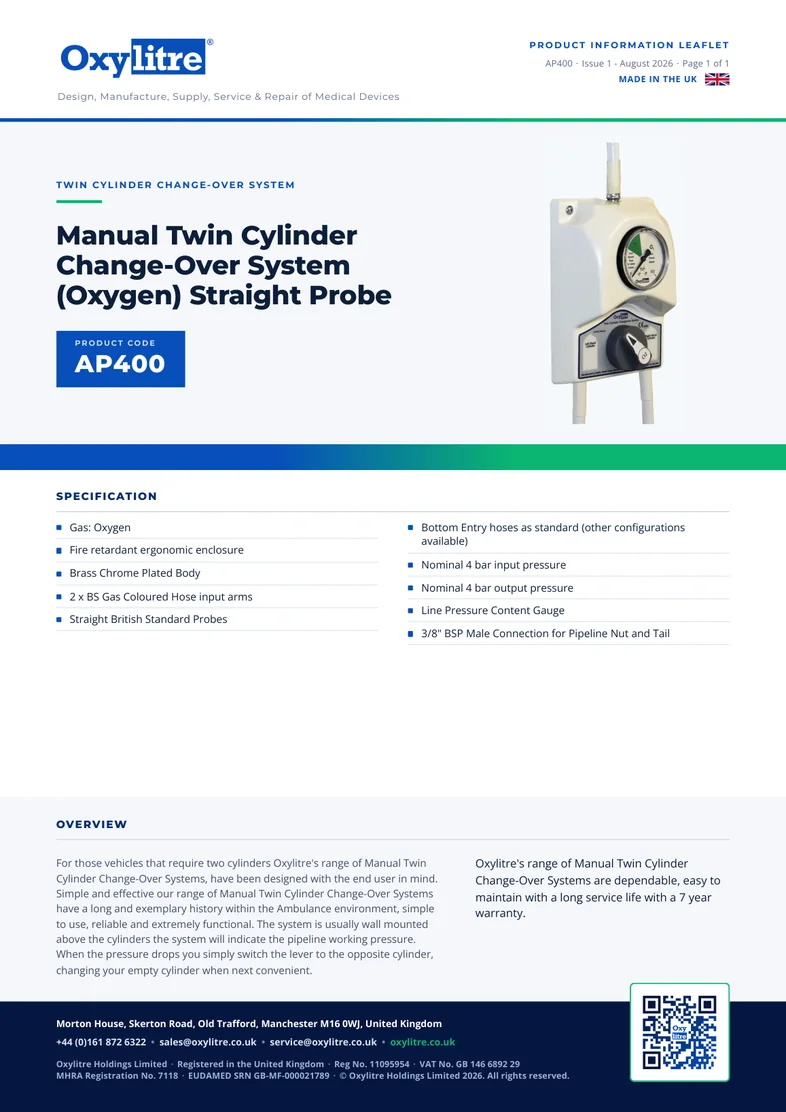 Front page of the Oxylitre AP400 product information leaflet