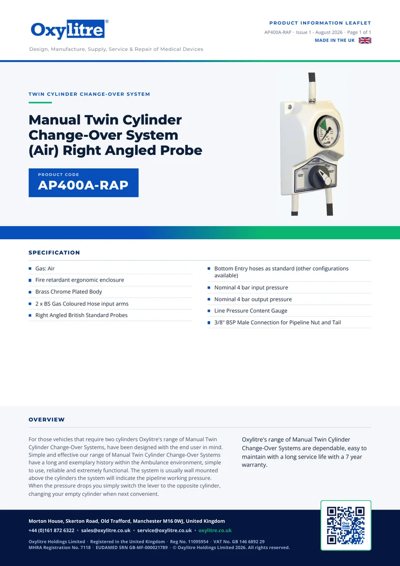 Front page of the Oxylitre AP400A-RAP product information leaflet