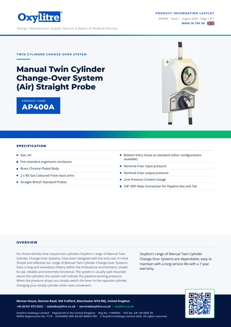 Front page of the Oxylitre AP400A product information leaflet
