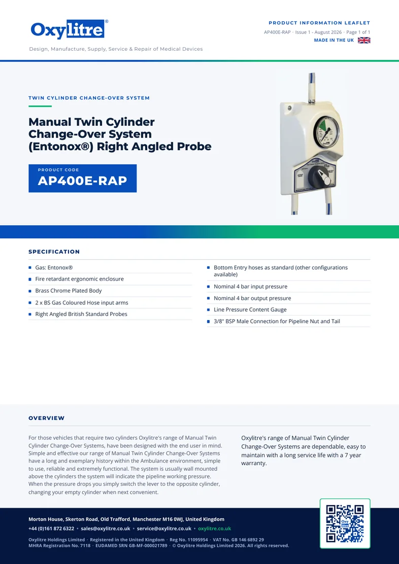 Front page of the Oxylitre AP400E-RAP product information leaflet