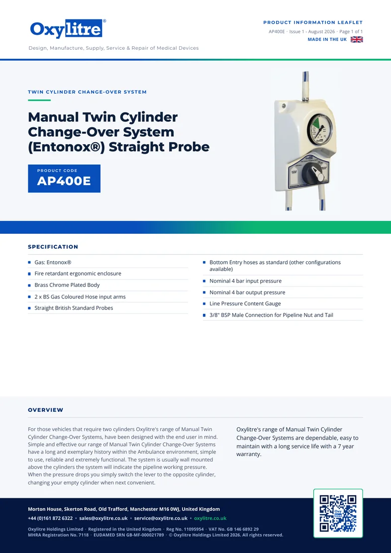 Front page of the Oxylitre AP400E product information leaflet