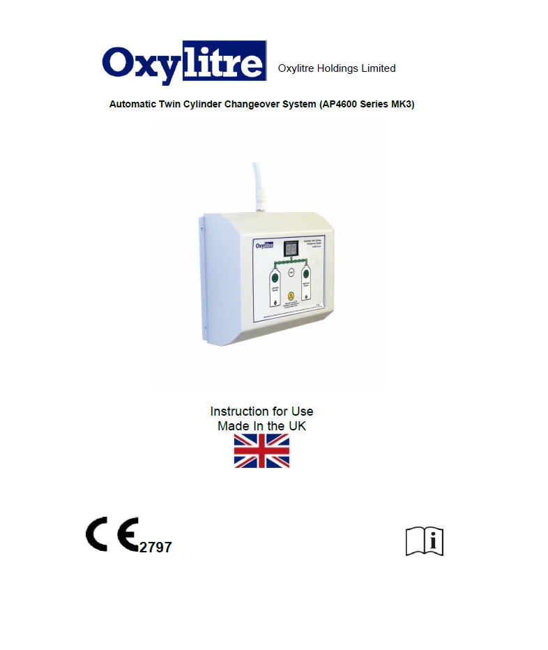 Front page of the Oxylitre AP46 Series automatic twin cylinder change-over system instructions for use