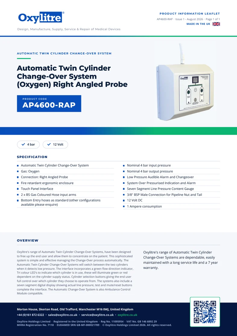Front page of the Oxylitre AP4600-RAP product information leaflet