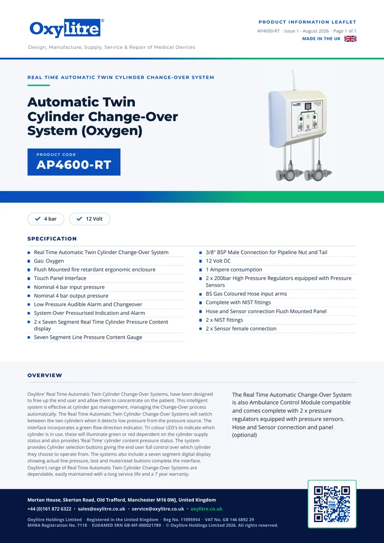 Front page of the Oxylitre AP4600-RT product information leaflet