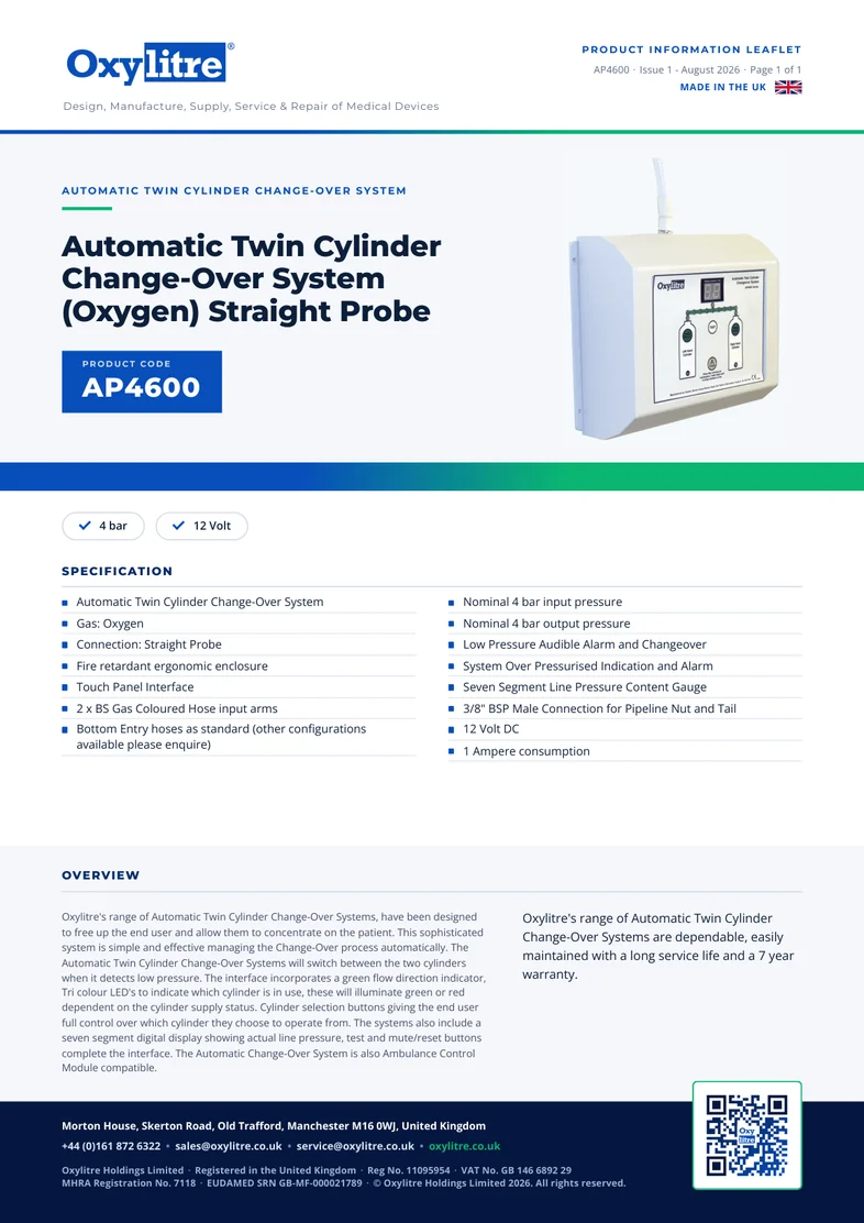 Front page of the Oxylitre AP4600 product information leaflet