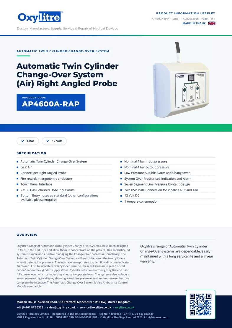 Front page of the Oxylitre AP4600A-RAP product information leaflet