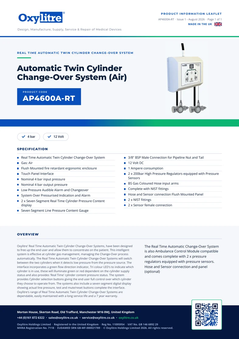 Front page of the Oxylitre AP4600A-RT product information leaflet