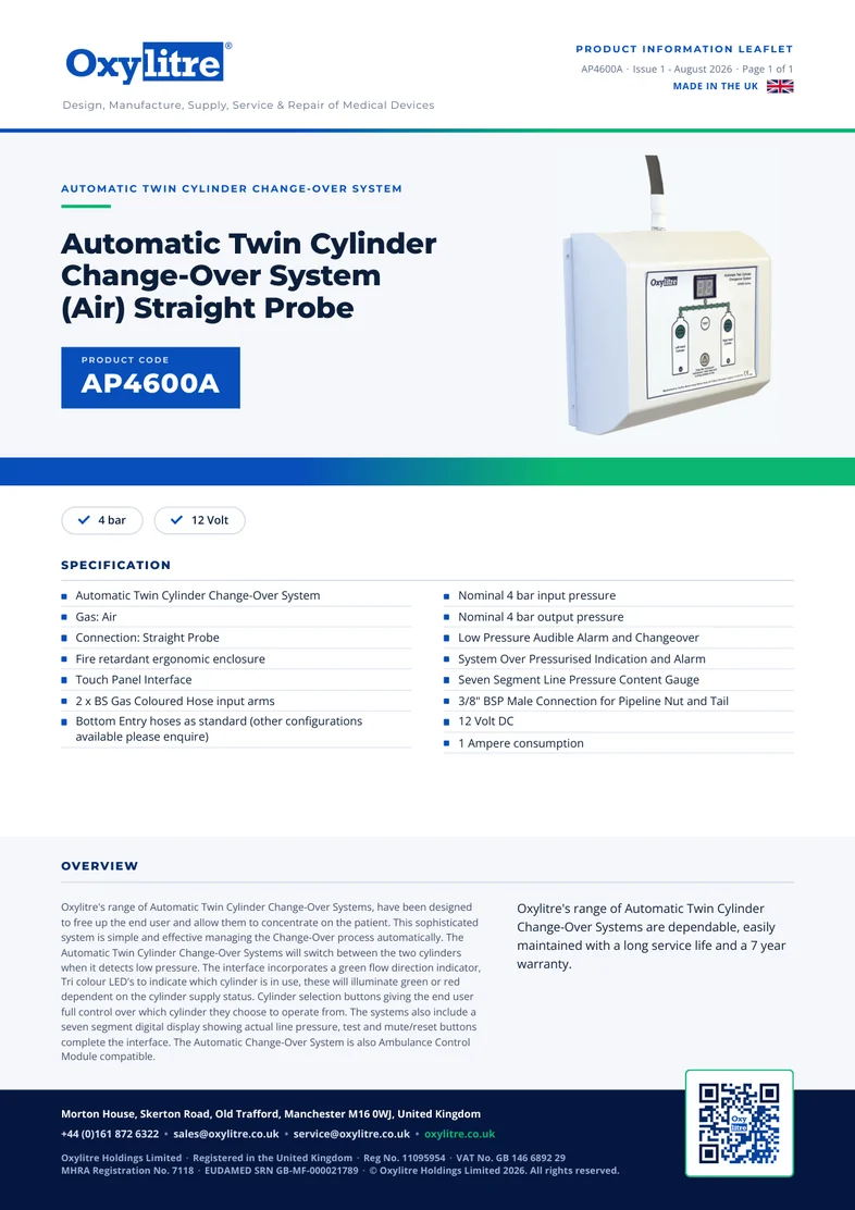 Front page of the Oxylitre AP4600A product information leaflet