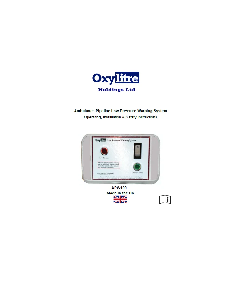 Front page of the Oxylitre APW100 line pressure warning system instructions for use