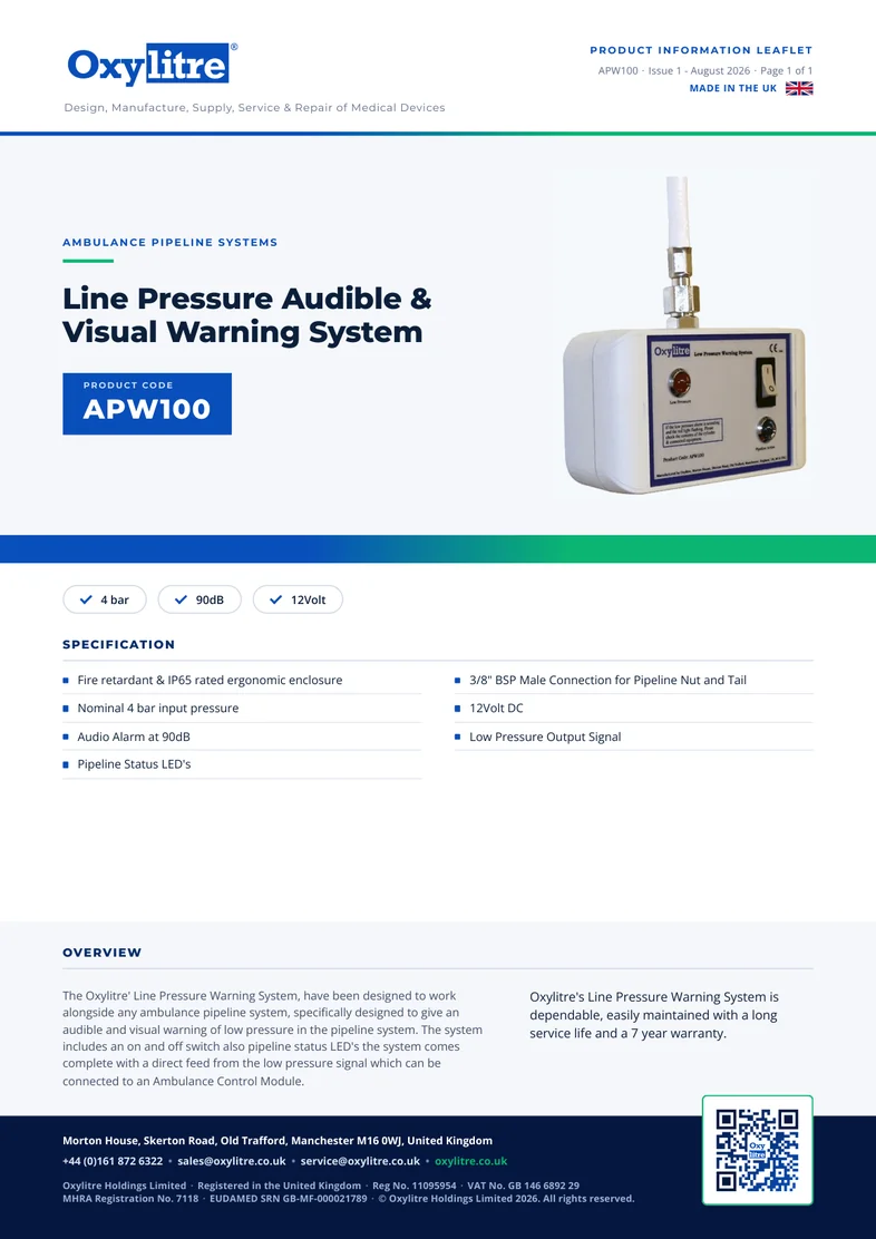 Front page of the Oxylitre APW100 product leaflet