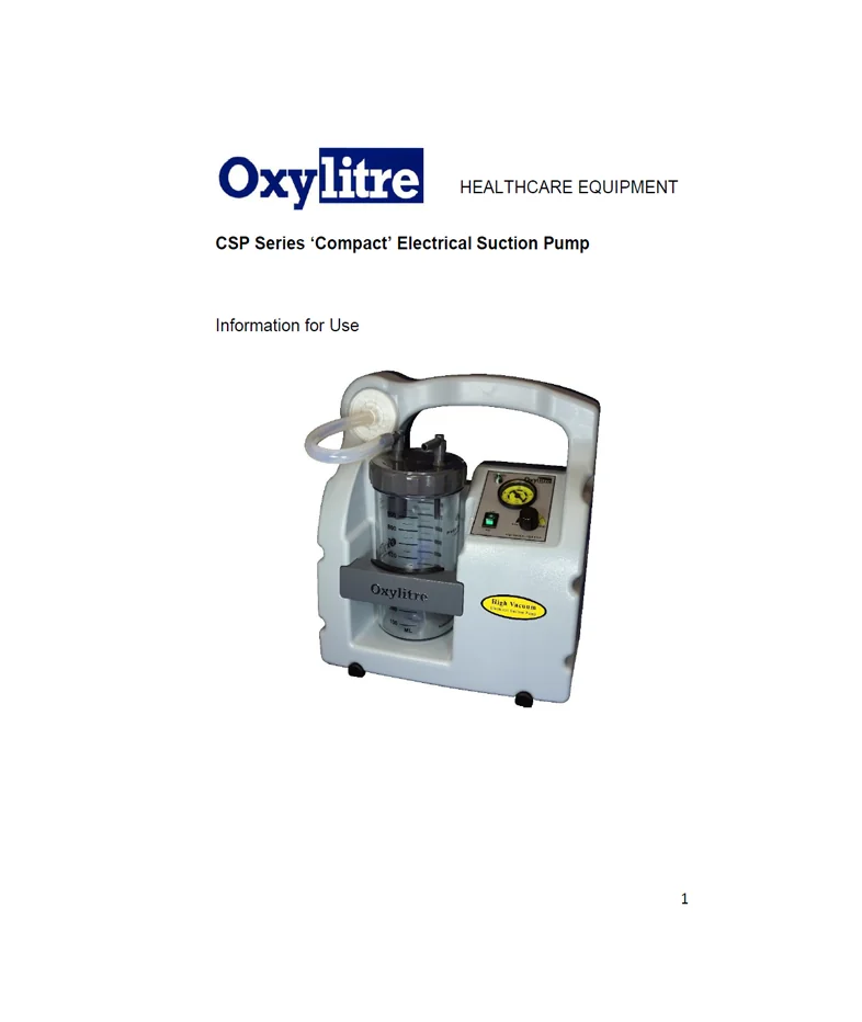 Front page of the Oxylitre CSP Series compact electrical suction pump instructions for use