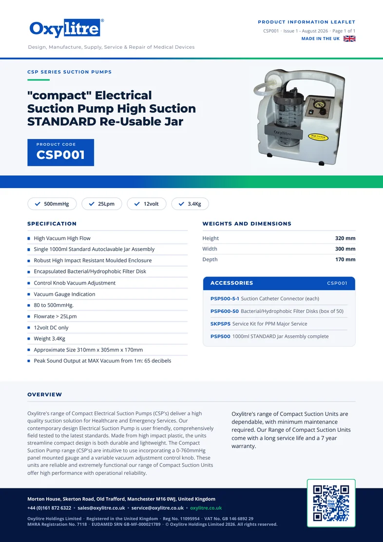 Front page of the Oxylitre CSP001 product information leaflet