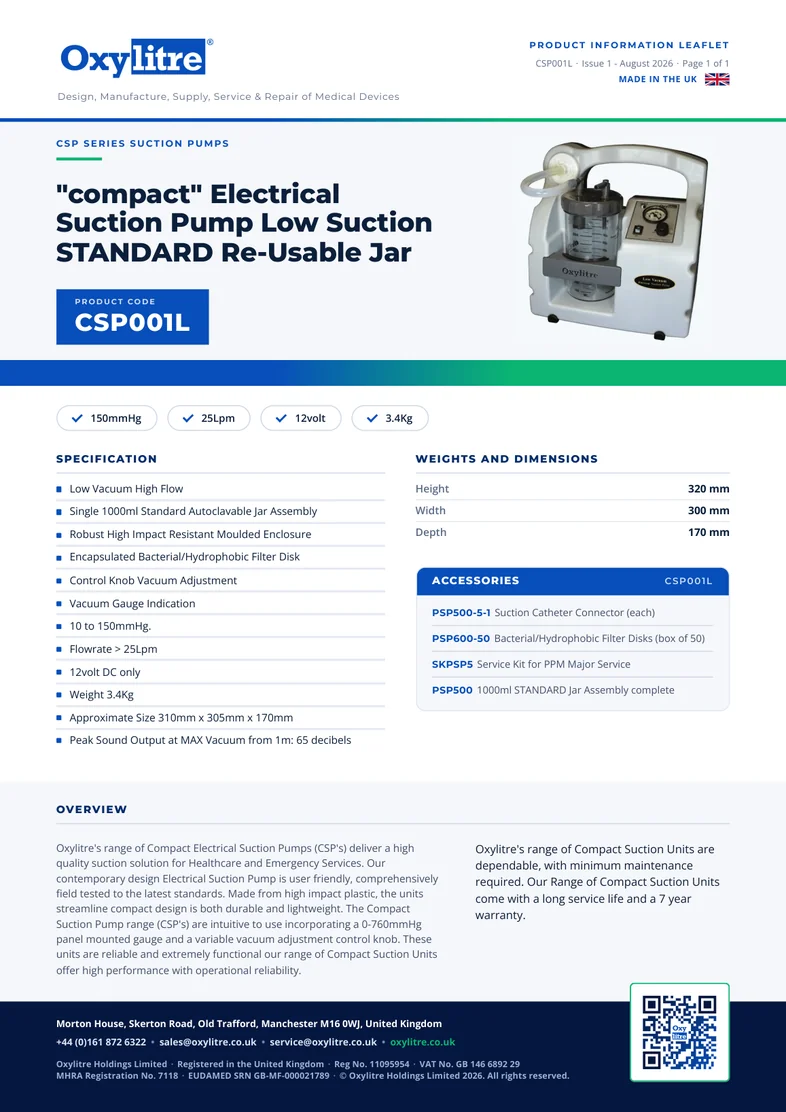 Front page of the Oxylitre CSP001L product information leaflet
