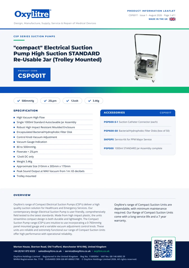 Front page of the Oxylitre CSP001T product information leaflet