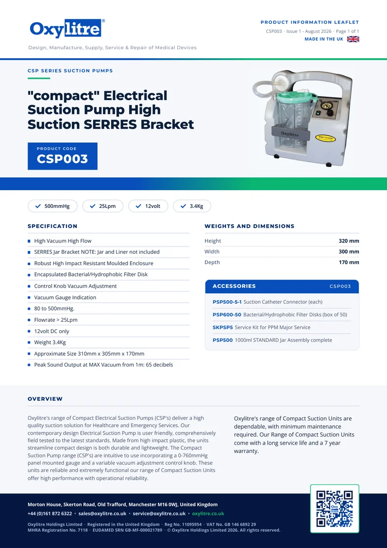 Front page of the Oxylitre CSP003 product information leaflet
