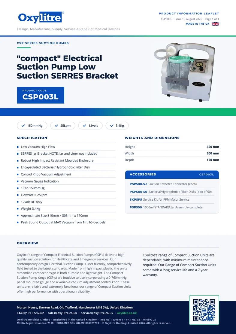 Front page of the Oxylitre CSP003L product information leaflet