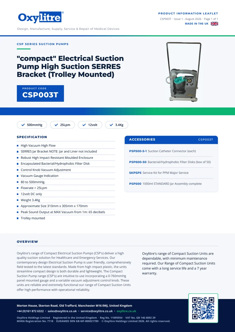 Front page of the Oxylitre CSP003T product information leaflet