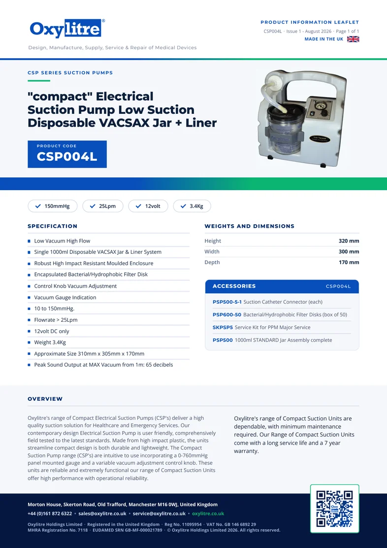 Front page of the Oxylitre CSP004L product information leaflet