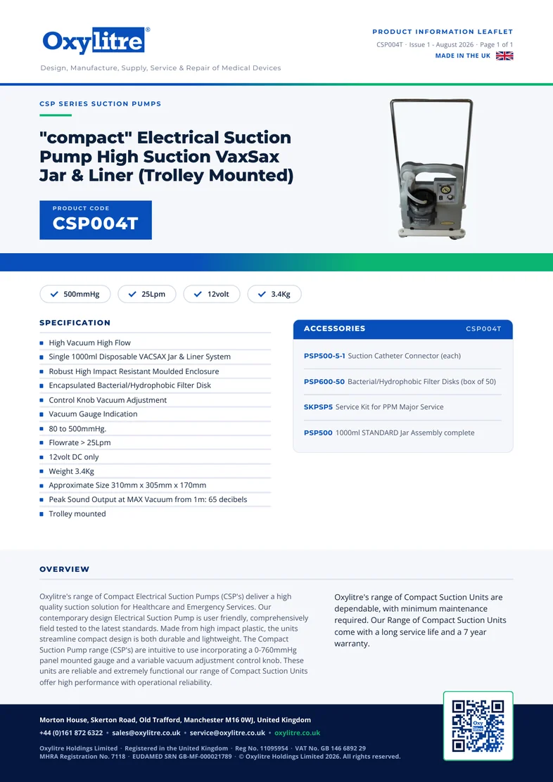 Front page of the Oxylitre CSP004T product information leaflet