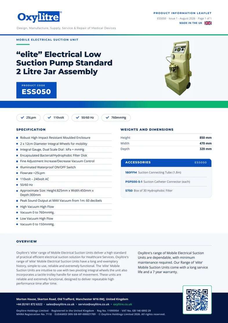 Front page of the Oxylitre ESS050 product information leaflet