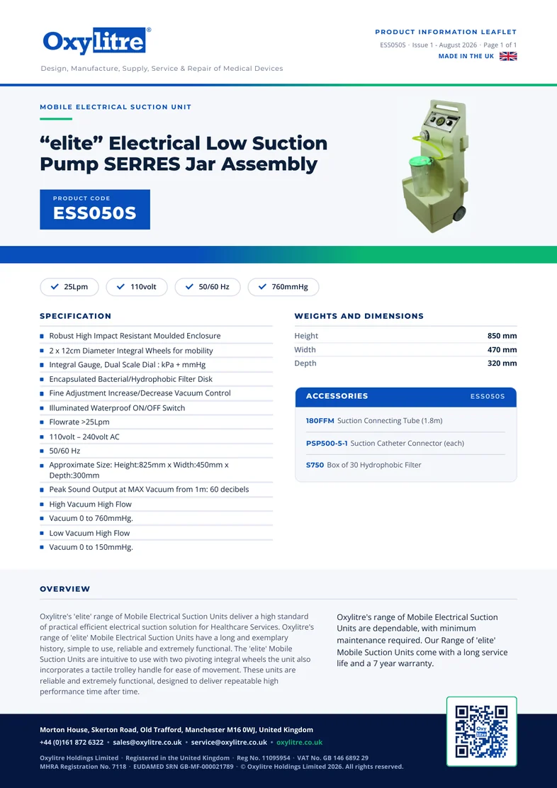 Front page of the Oxylitre ESS050S product information leaflet