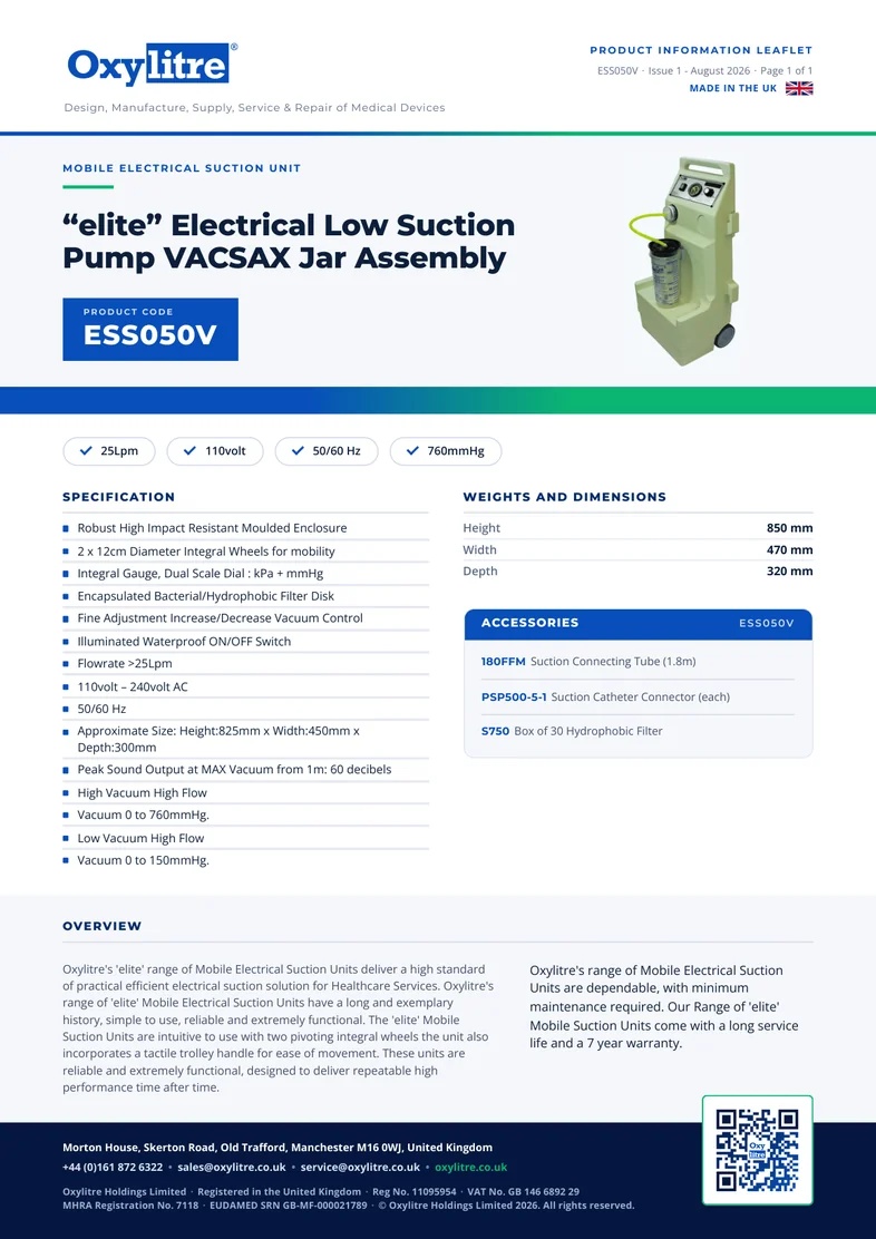 Front page of the Oxylitre ESS050V product information leaflet