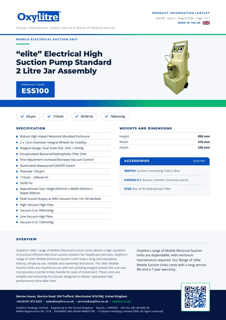 Front page of the Oxylitre ESS100 product information leaflet