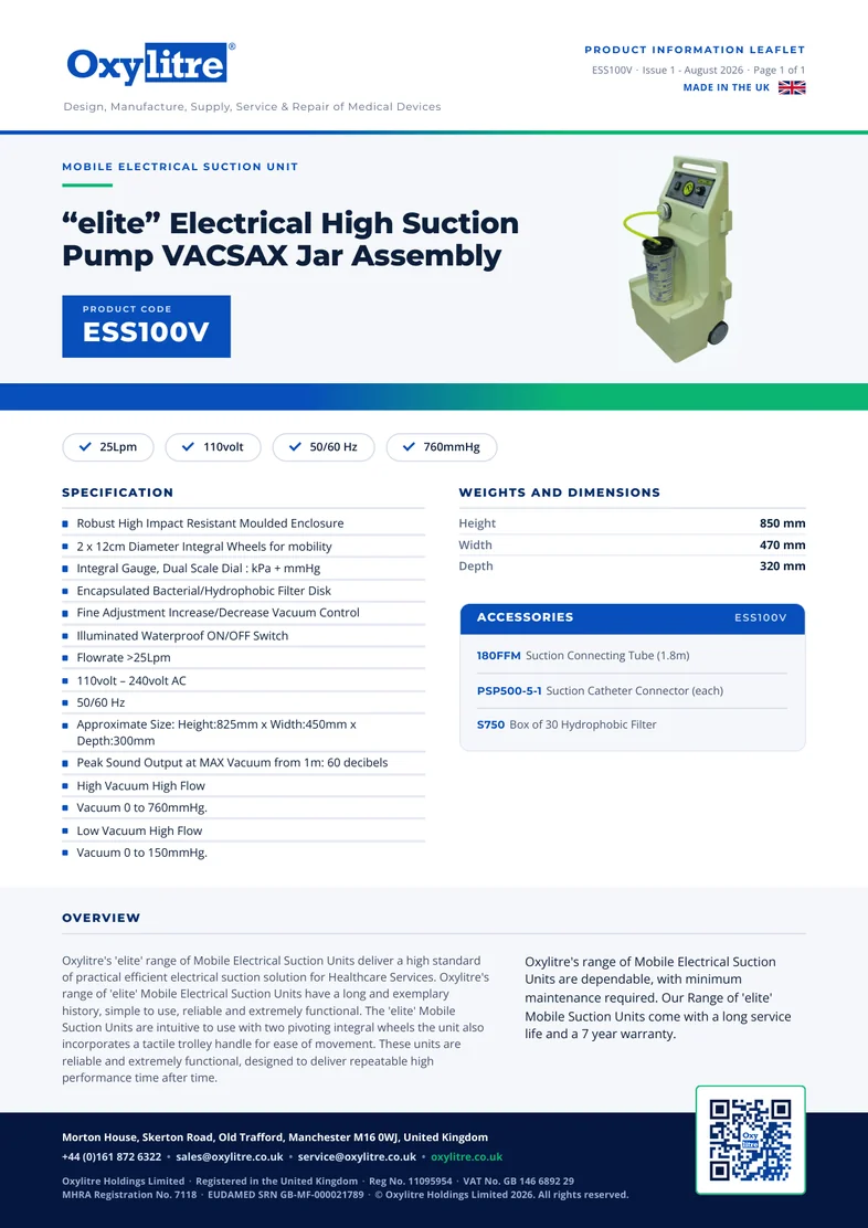 Front page of the Oxylitre ESS100V product information leaflet