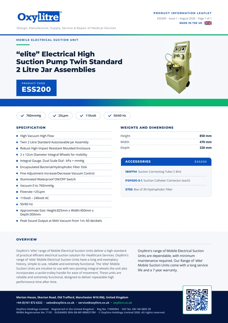 Front page of the Oxylitre ESS200 product information leaflet