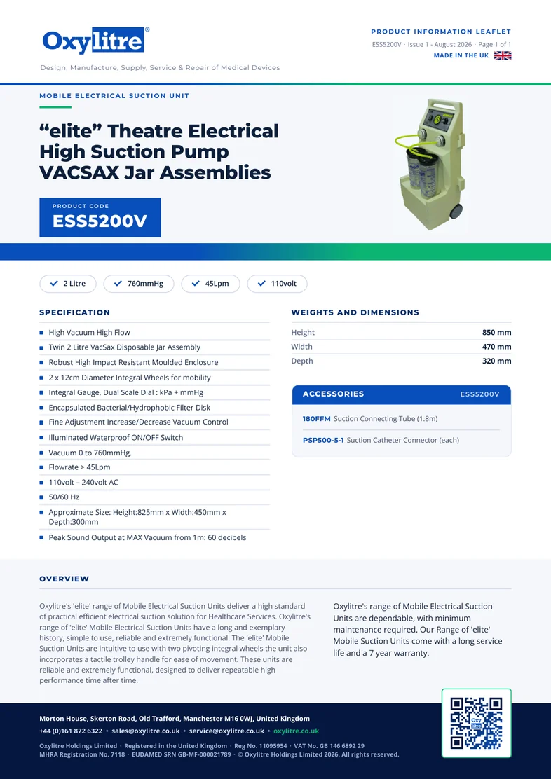 Front page of the Oxylitre ESS5200V product information leaflet