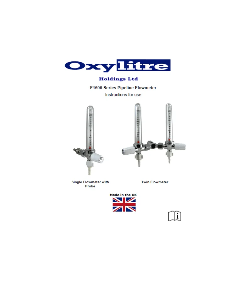 Front page of the Oxylitre F1600 Series medical pipeline flowmeter instructions for use