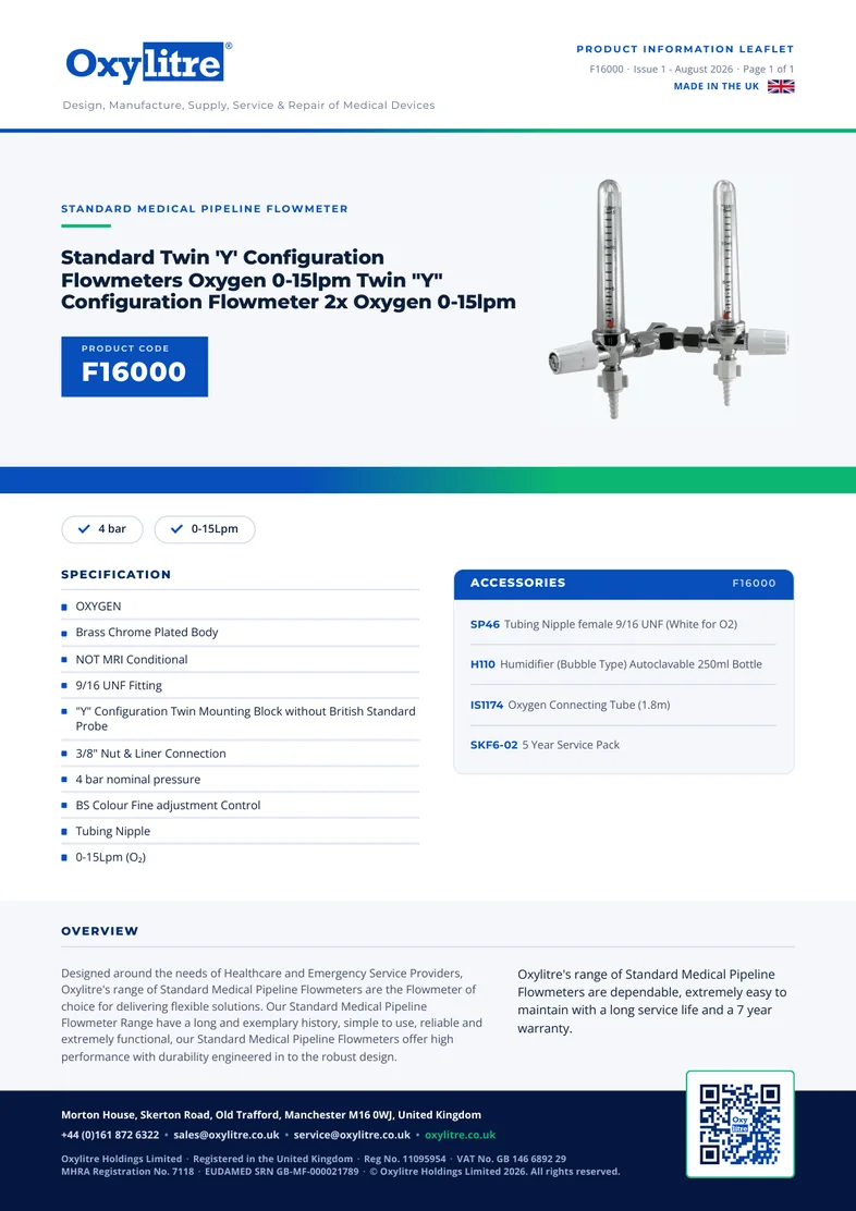 Front page of the Oxylitre F16000 product information leaflet