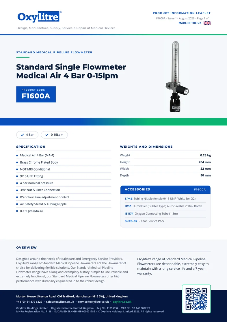 Front page of the Oxylitre F1600A product leaflet