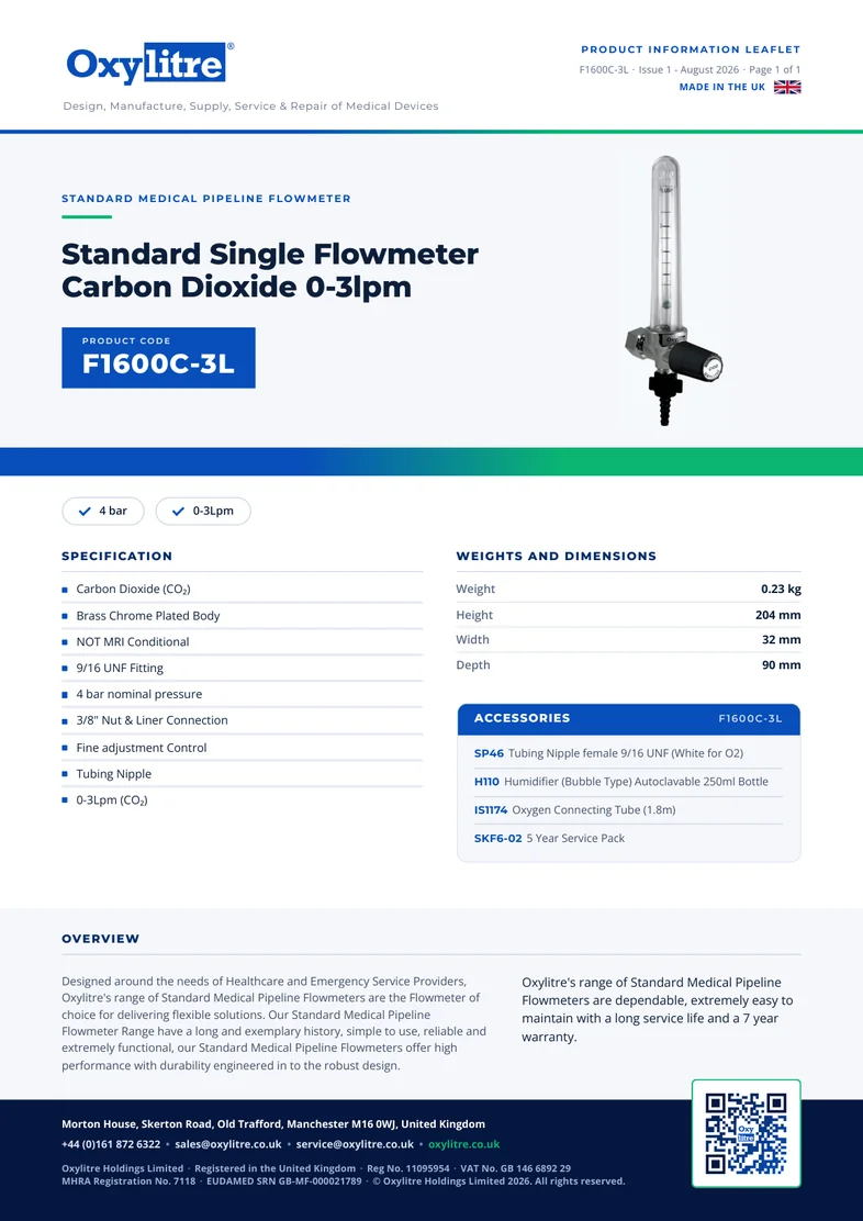 Front page of the Oxylitre F1600C-3L product leaflet