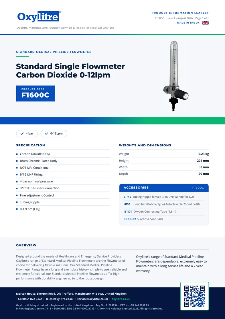 Front page of the Oxylitre F1600C product leaflet