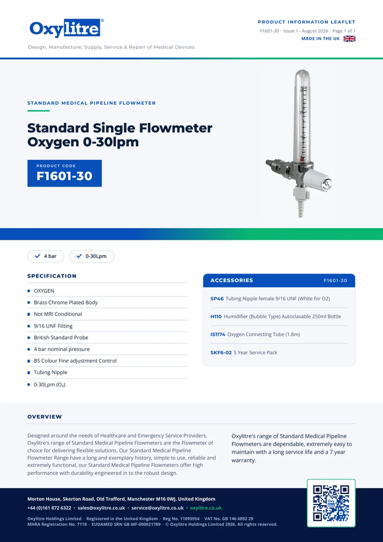 Front page of the Oxylitre F1601-30 product leaflet