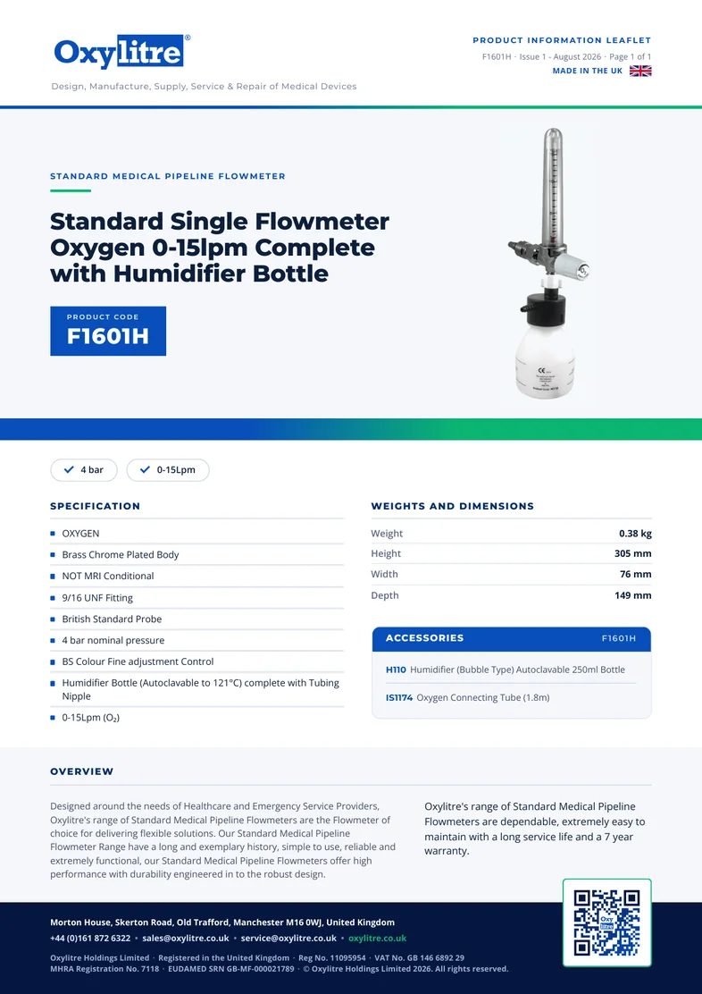 Front page of the Oxylitre F1601H product leaflet