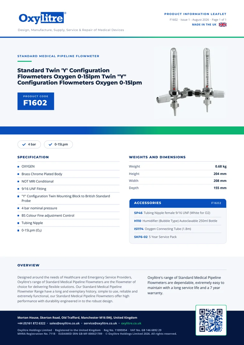 Front page of the Oxylitre F1602 product information leaflet