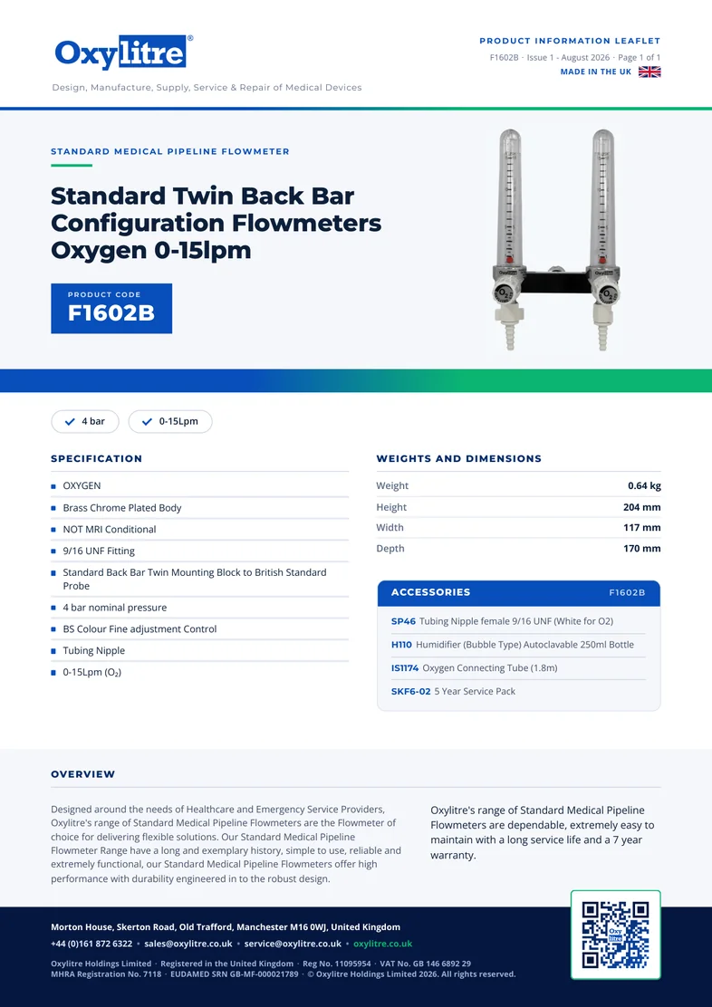 Front page of the Oxylitre F1602B product information leaflet