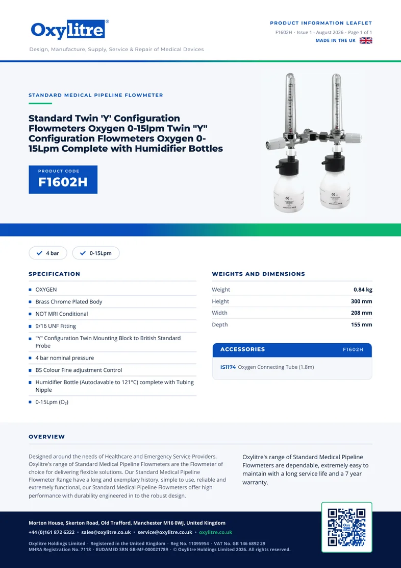 Front page of the Oxylitre F1602H product information leaflet