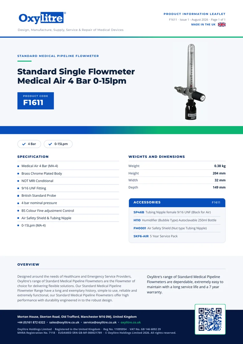 Front page of the Oxylitre F1611 product leaflet