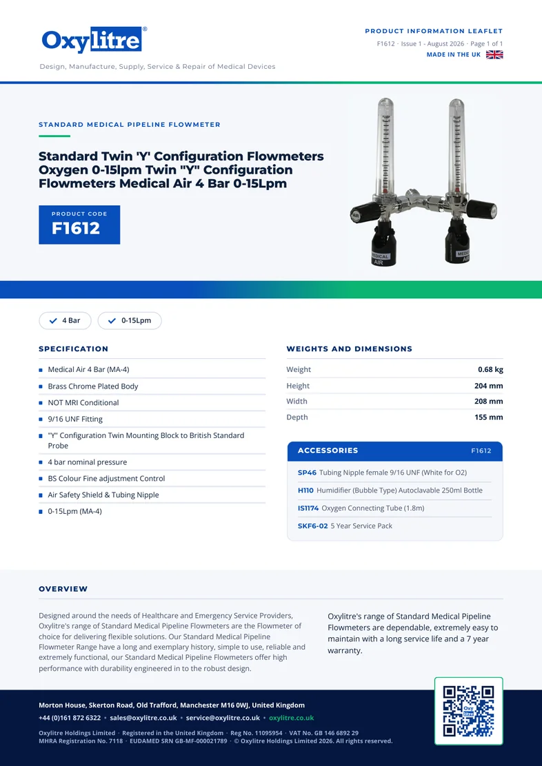 Front page of the Oxylitre F1612 product information leaflet