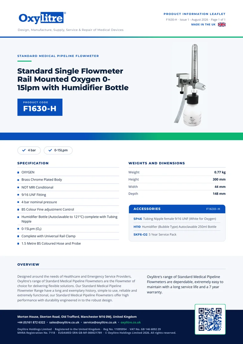 Front page of the Oxylitre F1630-H product information leaflet