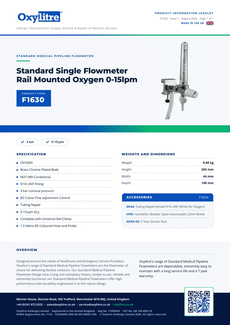 Front page of the Oxylitre F1630 product information leaflet