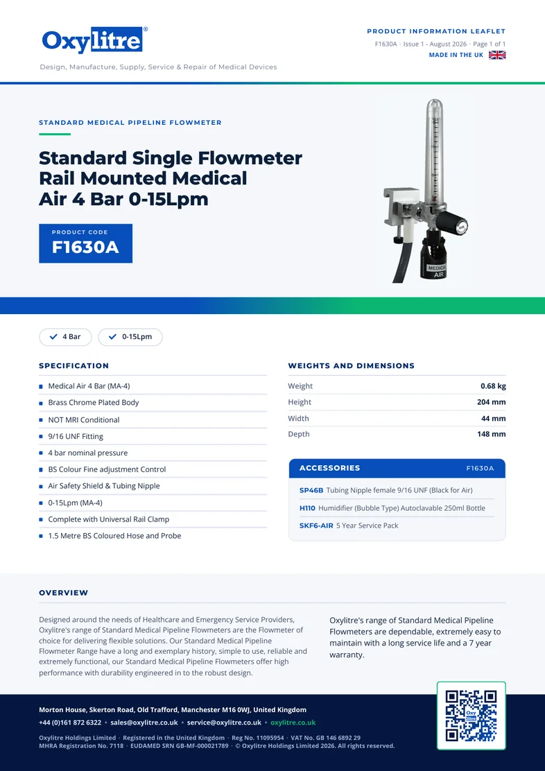 Front page of the Oxylitre F1630A product information leaflet